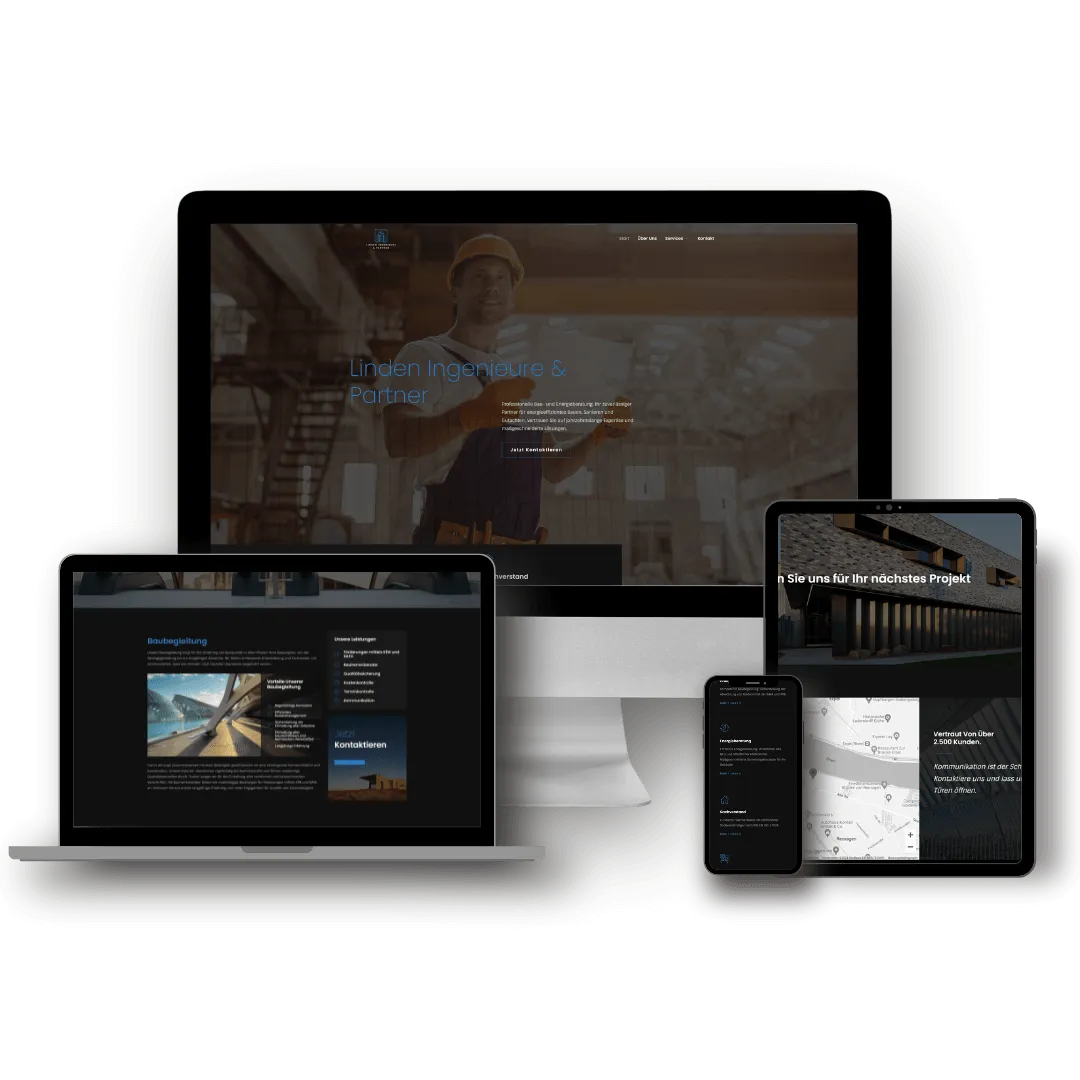 Die Website von Linden Ingenieure & Partner auf Desktop, Laptop, Tablet und Smartphone. Dunkles Layout mit blauer Schrift, Startseite mit Bauleiter-Foto, Unterseite zur Baubegleitung und Kontaktbereich mit Karte.
