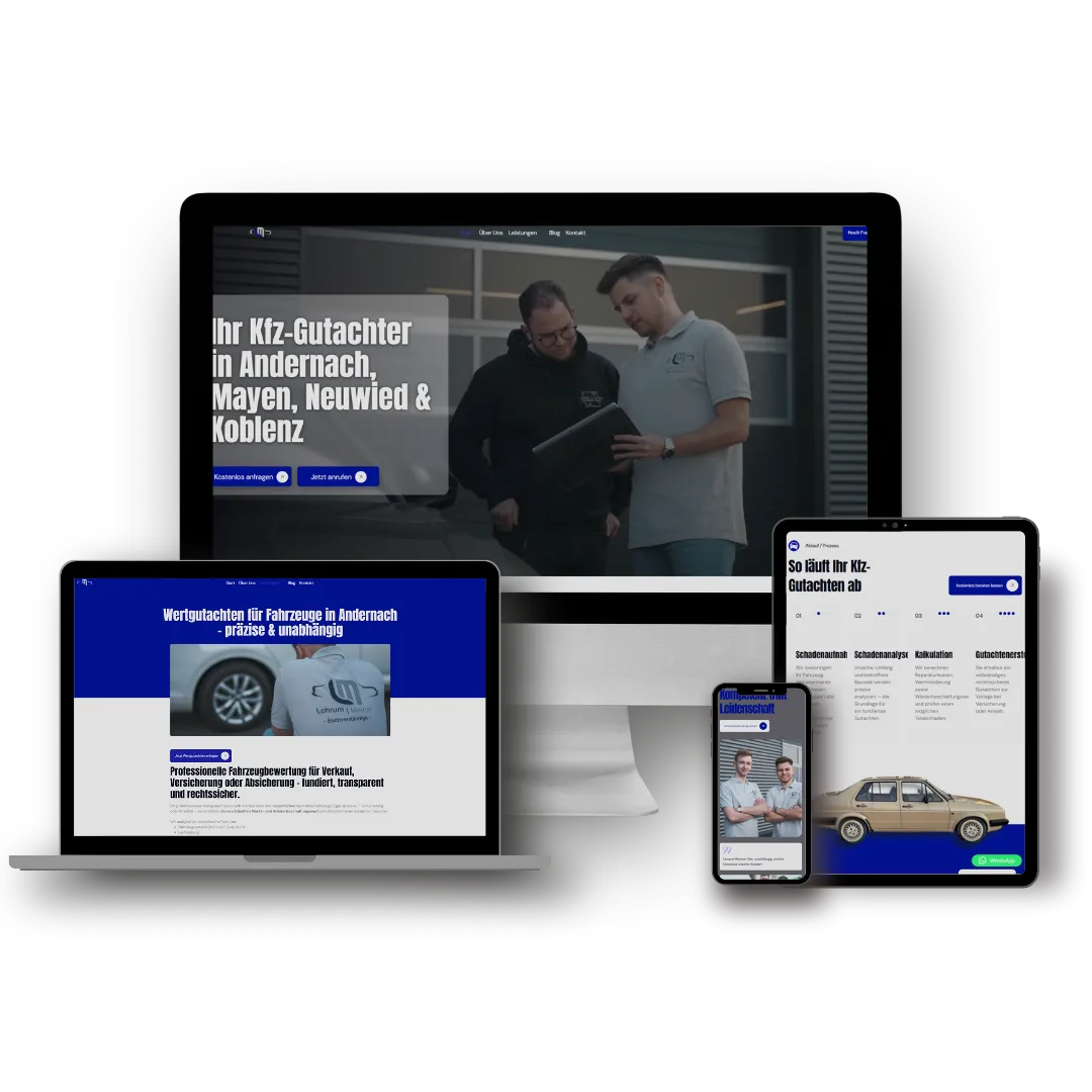 Die Website von LM Gutachten auf Monitor, Laptop, Tablet und Smartphone. Startseite mit zwei Sachverständigen in einer Werkstatt und der Überschrift „Ihr Kfz-Gutachter in Andernach, Mayen, Neuwied & Koblenz", dazu Unterseiten zur Fahrzeugbewertung, zum Ablauf des Gutachtens und ein Oldtimer.