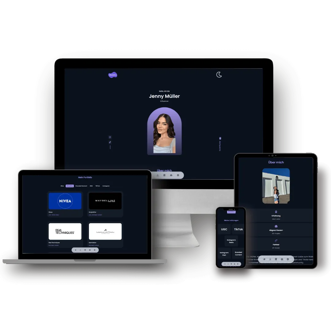 Die Website von Schminkfrau auf vier Geräten. Dunkles Layout mit violetten Akzenten, Startseite mit Porträt im Bogenrahmen, Mond-Symbol für den Themenwechsel, Portfolio-Raster und Leistungsübersicht.