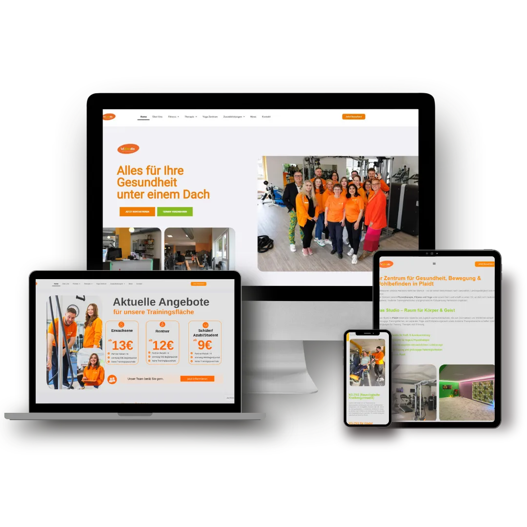 Die Website von Vizendo auf Monitor, Laptop, Tablet und Smartphone. Startseite mit der Überschrift „Alles für Ihre Gesundheit unter einem Dach" und einem Foto des Teams in orangefarbener Kleidung im Trainingsraum, daneben eine Preisübersicht für die Trainingsfläche und Aufnahmen der Studioräume.